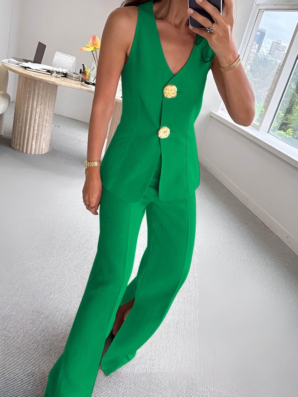 COMMENSE Button Tailored Vest & Split Leg Set